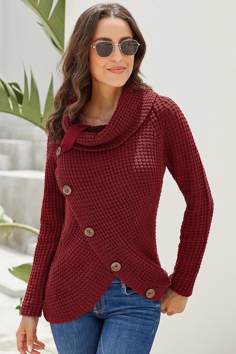 Women's Turtleneck Sweater with Wrap Burgundy Button-Front