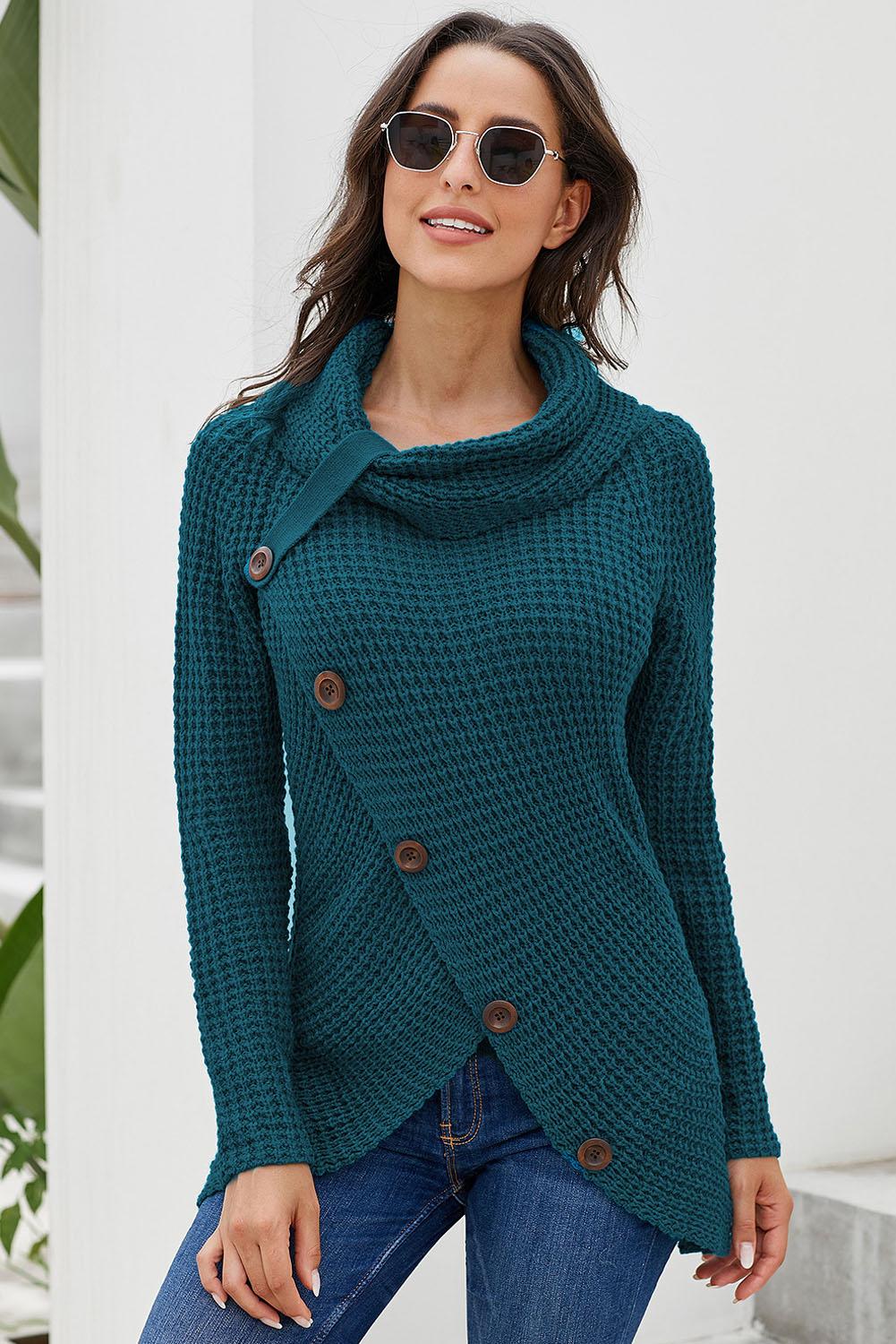 Women's Turtleneck Sweater Featuring Slate Blue Button-Front Wrap