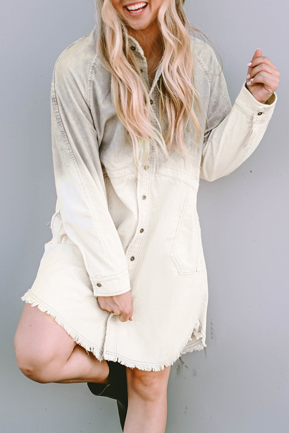 Women's Dress Featuring Gradient Long-Sleeve Button Up Raw-Edge Denim
