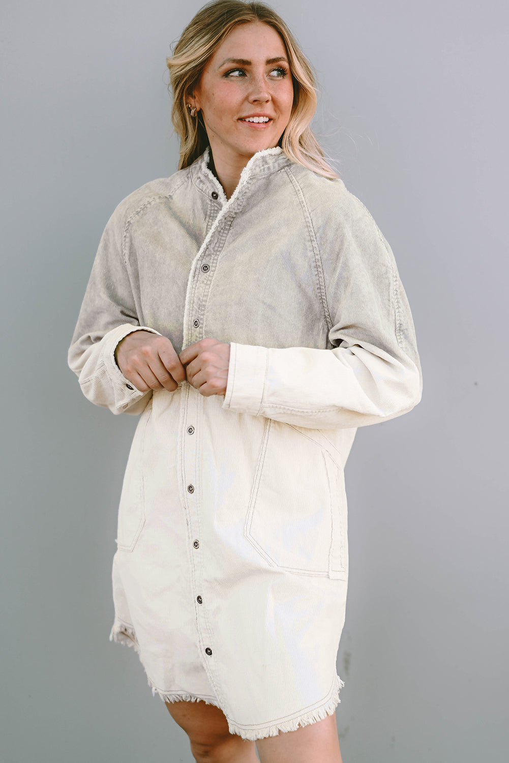 Women's Dress Featuring Gradient Long-Sleeve Button Up Raw-Edge Denim
