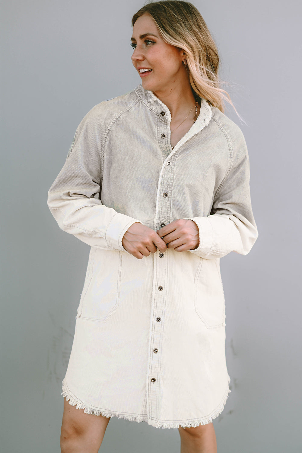 Women's Dress Featuring Gradient Long-Sleeve Button Up Raw-Edge Denim