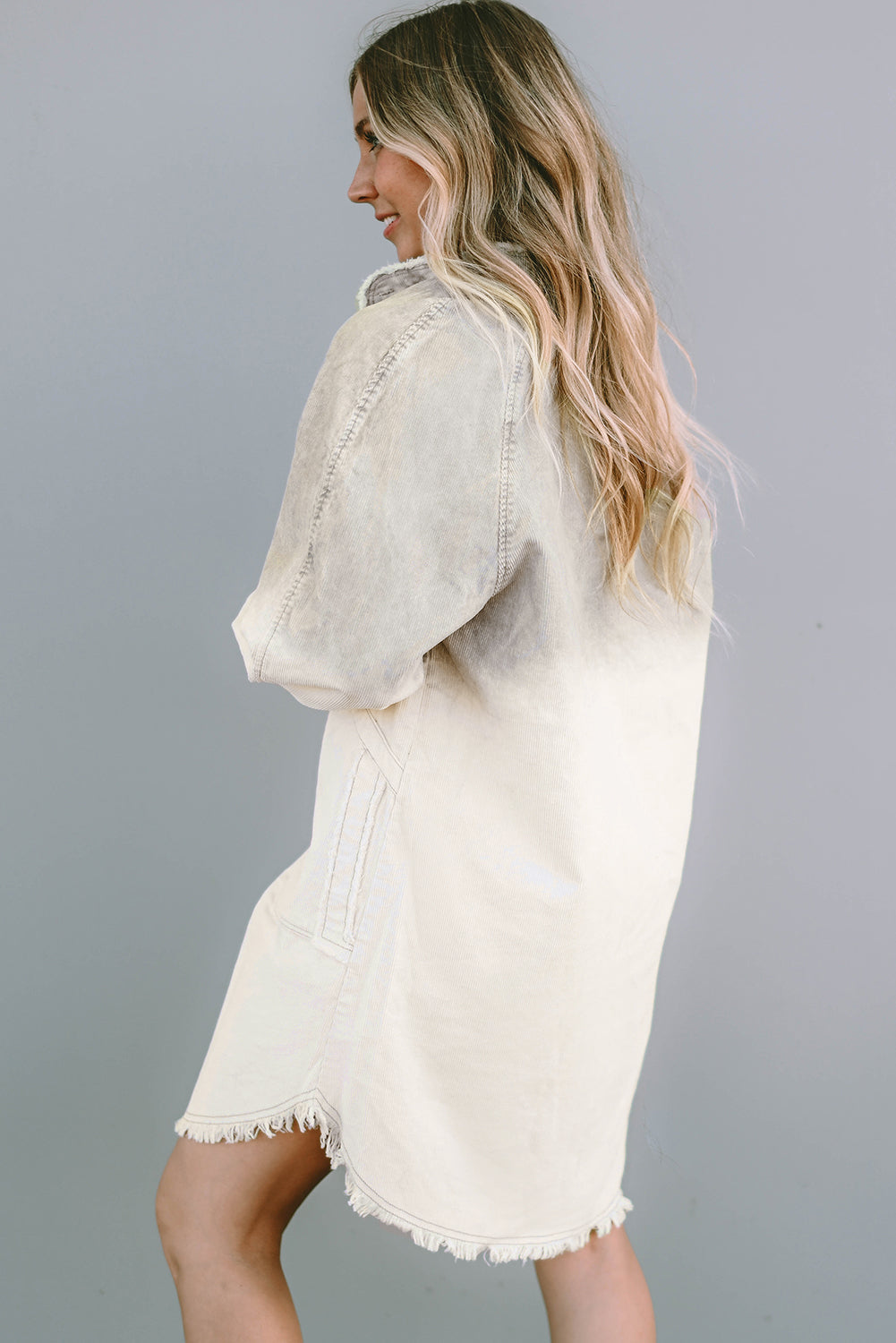 Women's Dress Featuring Gradient Long-Sleeve Button Up Raw-Edge Denim