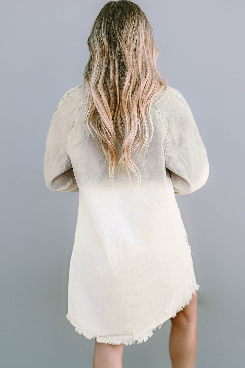 Women's Dress Featuring Gradient Long-Sleeve Button Up Raw-Edge Denim