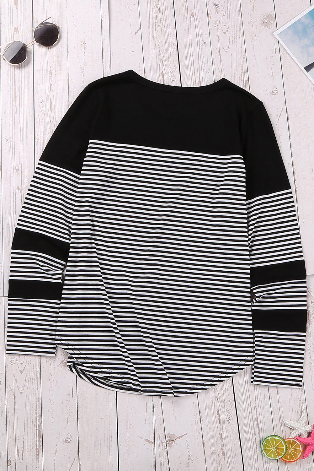 Women's Top with Patch Pocket Long-Sleeve Everyday Black Striped Pinstripe