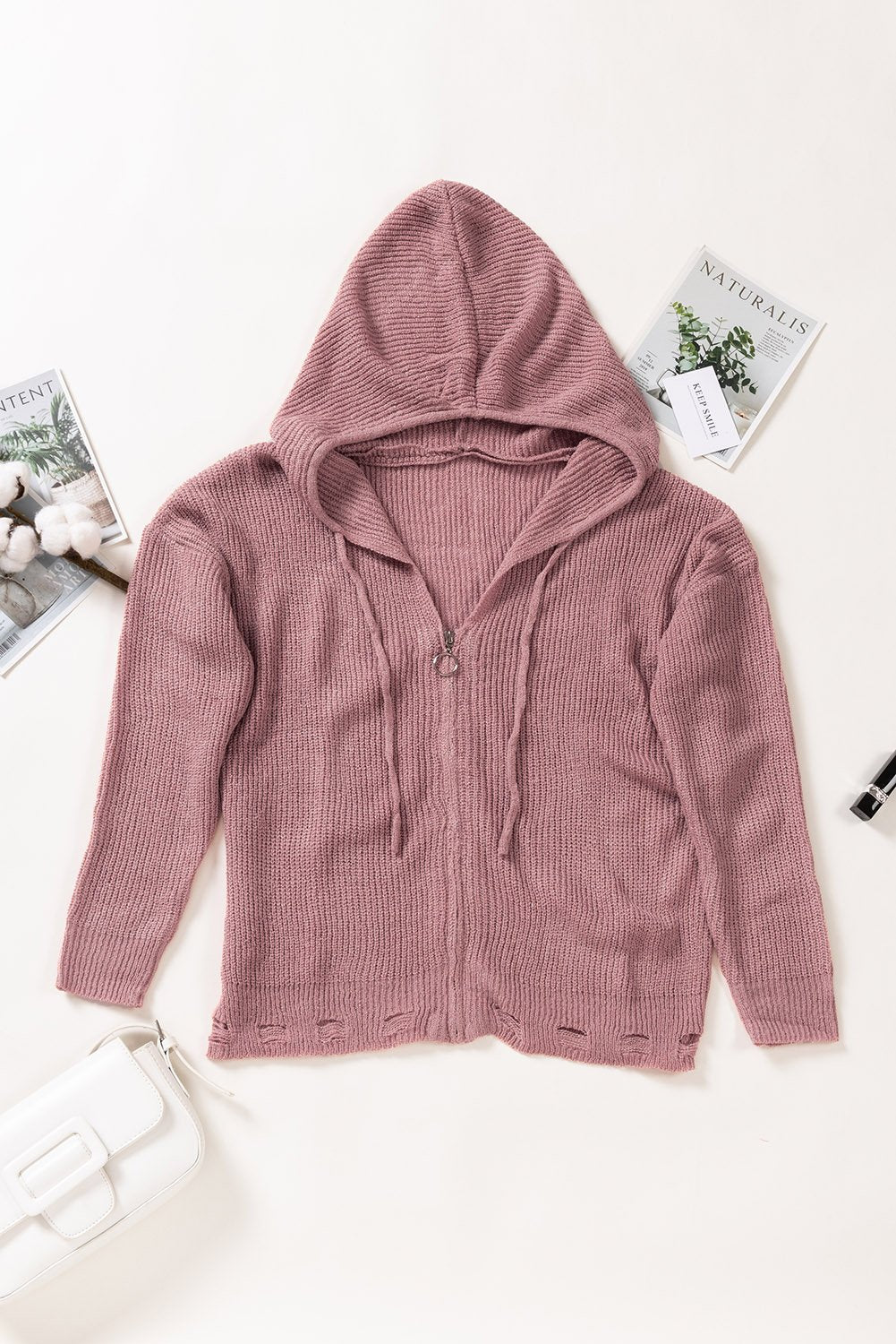 Women's Hooded Sweater with Pink Zipper
