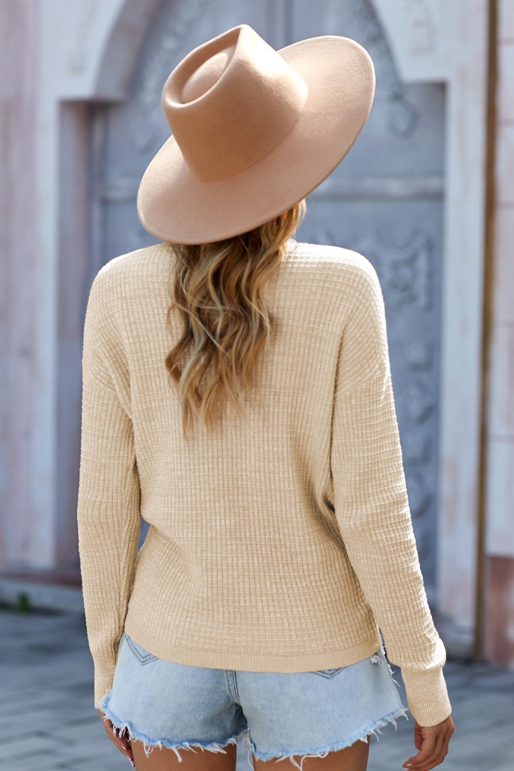 Women's Knit Sweater Featuring Chic Apricot Deep V-neck Long-Sleeve