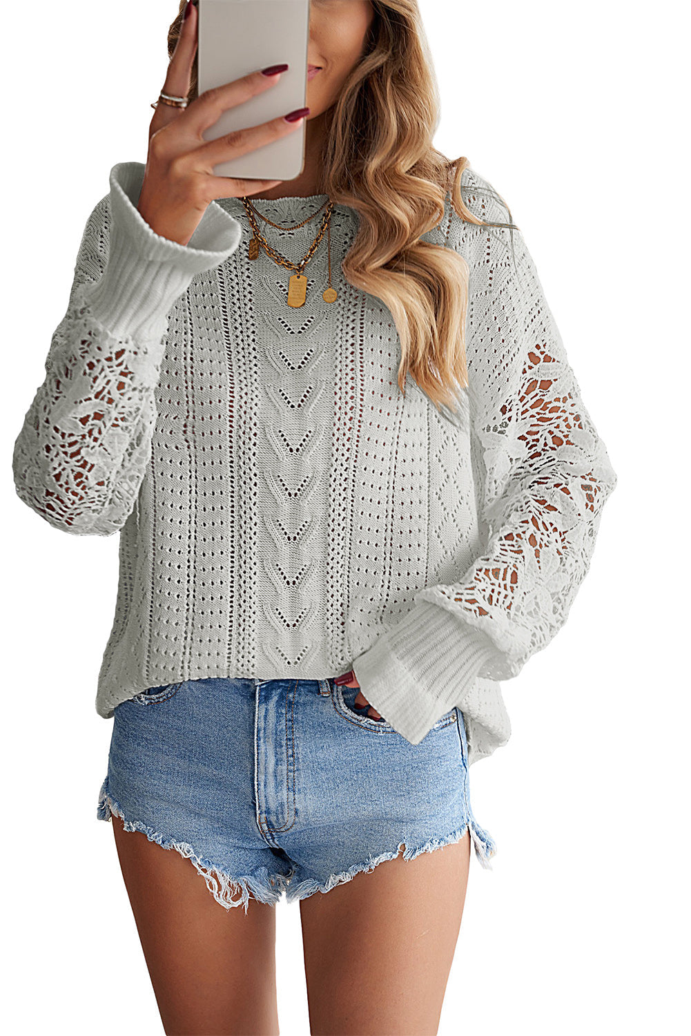 Knit Sweater for Women Pointelle Chic Gray Crochet Lace-Trimmed
