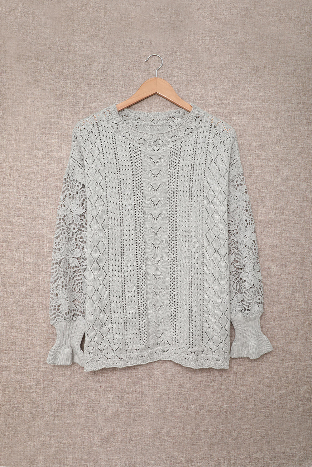 Knit Sweater for Women Pointelle Chic Gray Crochet Lace-Trimmed