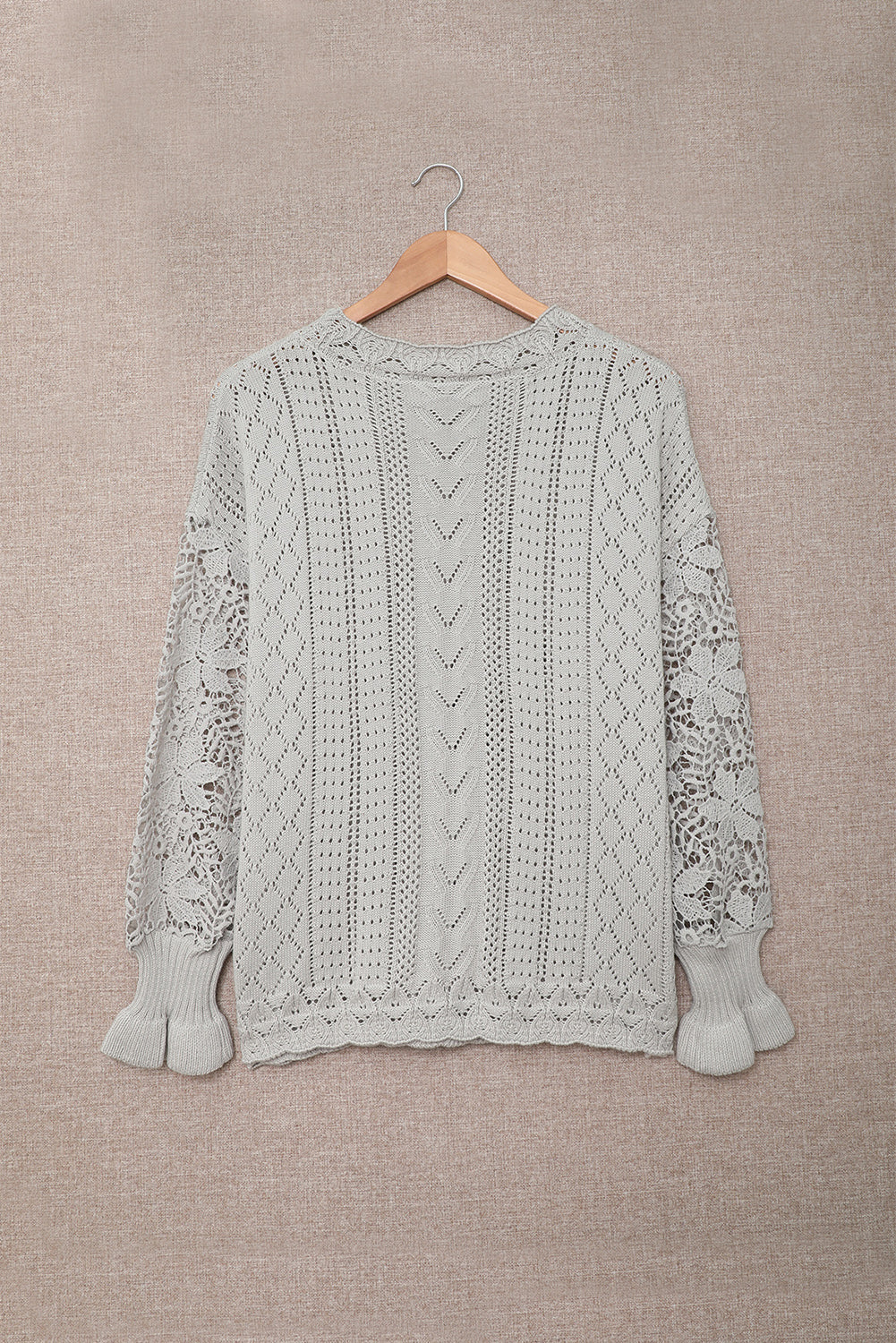 Knit Sweater for Women Pointelle Chic Gray Crochet Lace-Trimmed