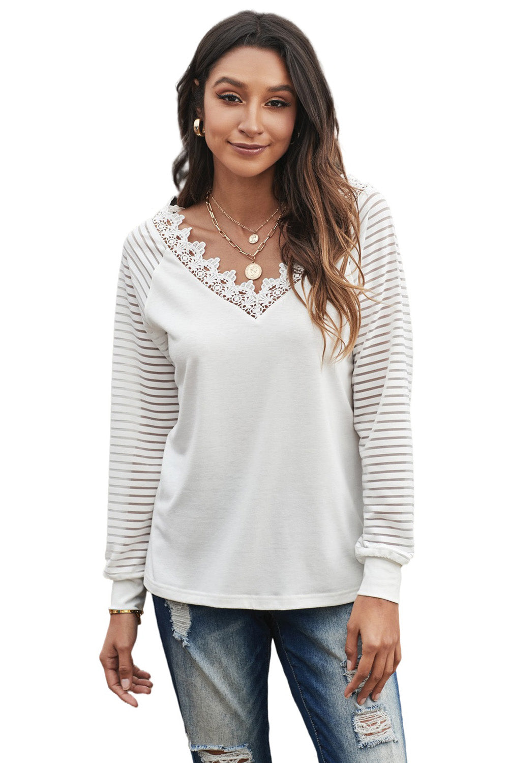 Top for Women Chic White Deep V-neck Lace-Trimmed Stripe Long-Sleeve