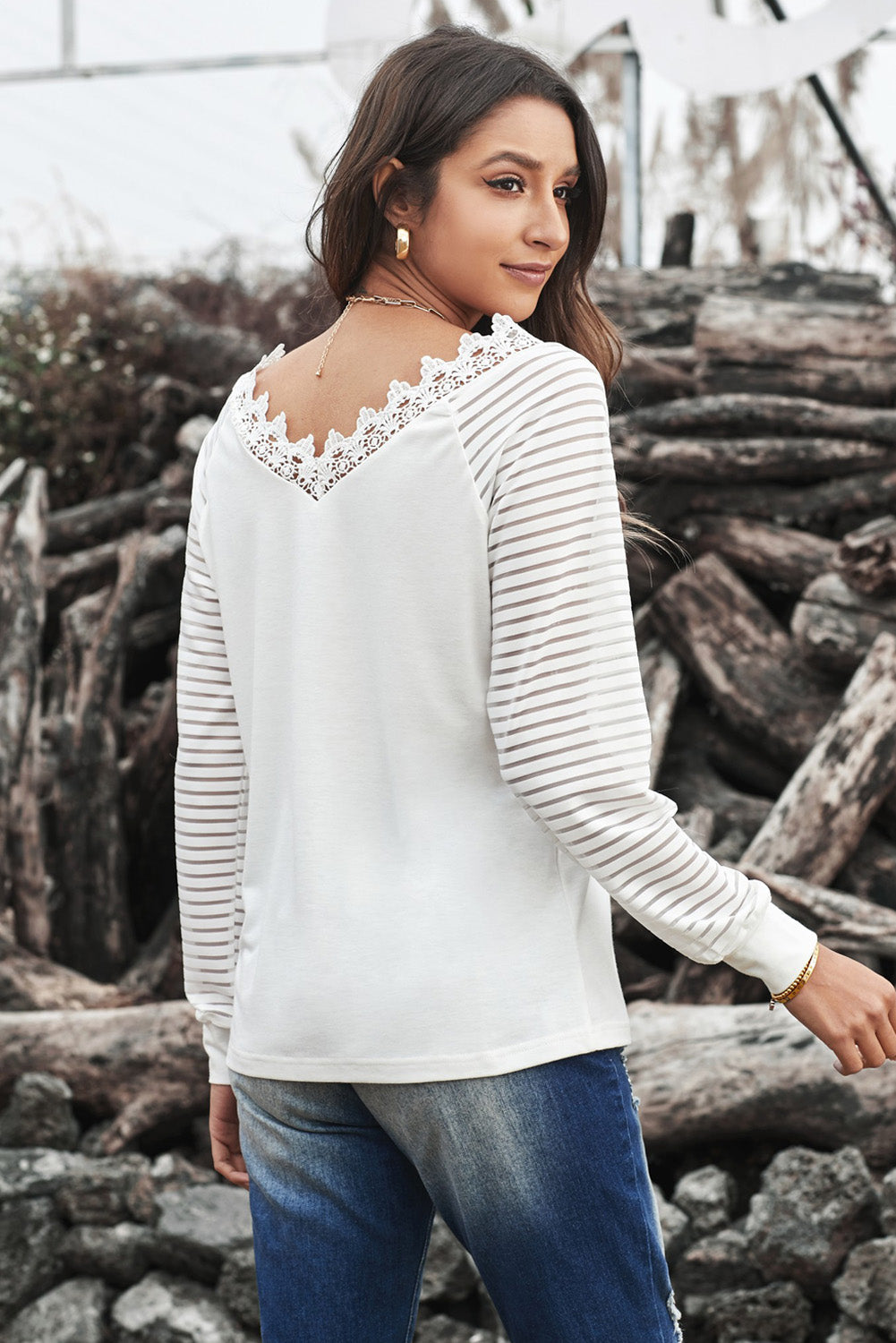 Top for Women Chic White Deep V-neck Lace-Trimmed Stripe Long-Sleeve