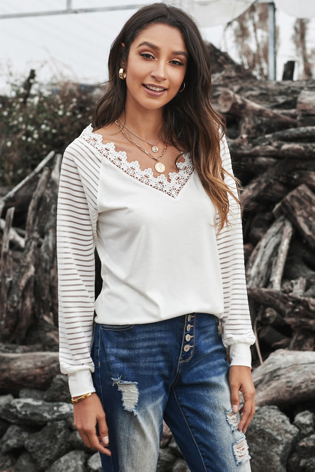 Top for Women Chic White Deep V-neck Lace-Trimmed Stripe Long-Sleeve