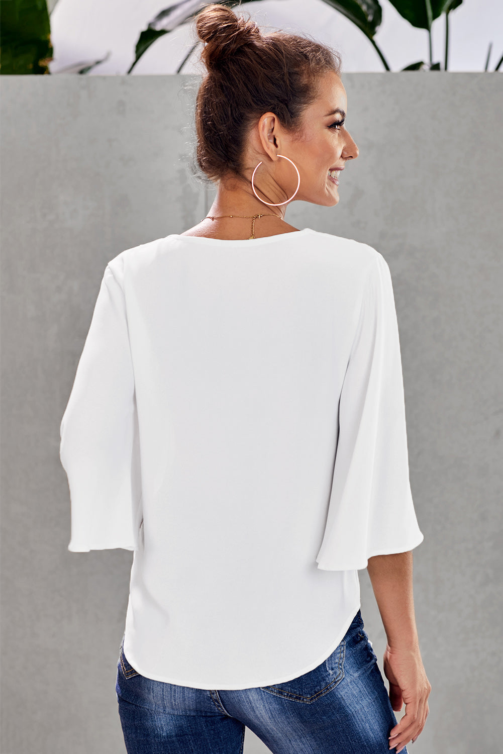 Women's Flare Sleeve Button Tie Blouse Chic White V Neck Top