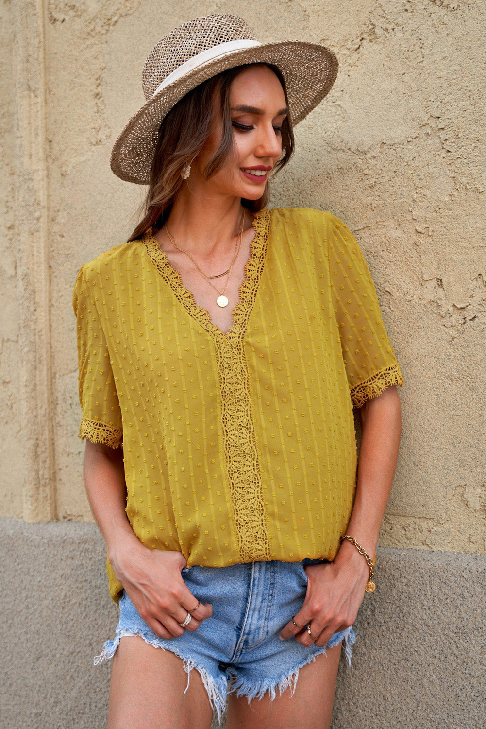 Women's Blouse Featuring Swiss Dot Short-Sleeve Chic Yellow Lace-Trimmed Splicing V Neck