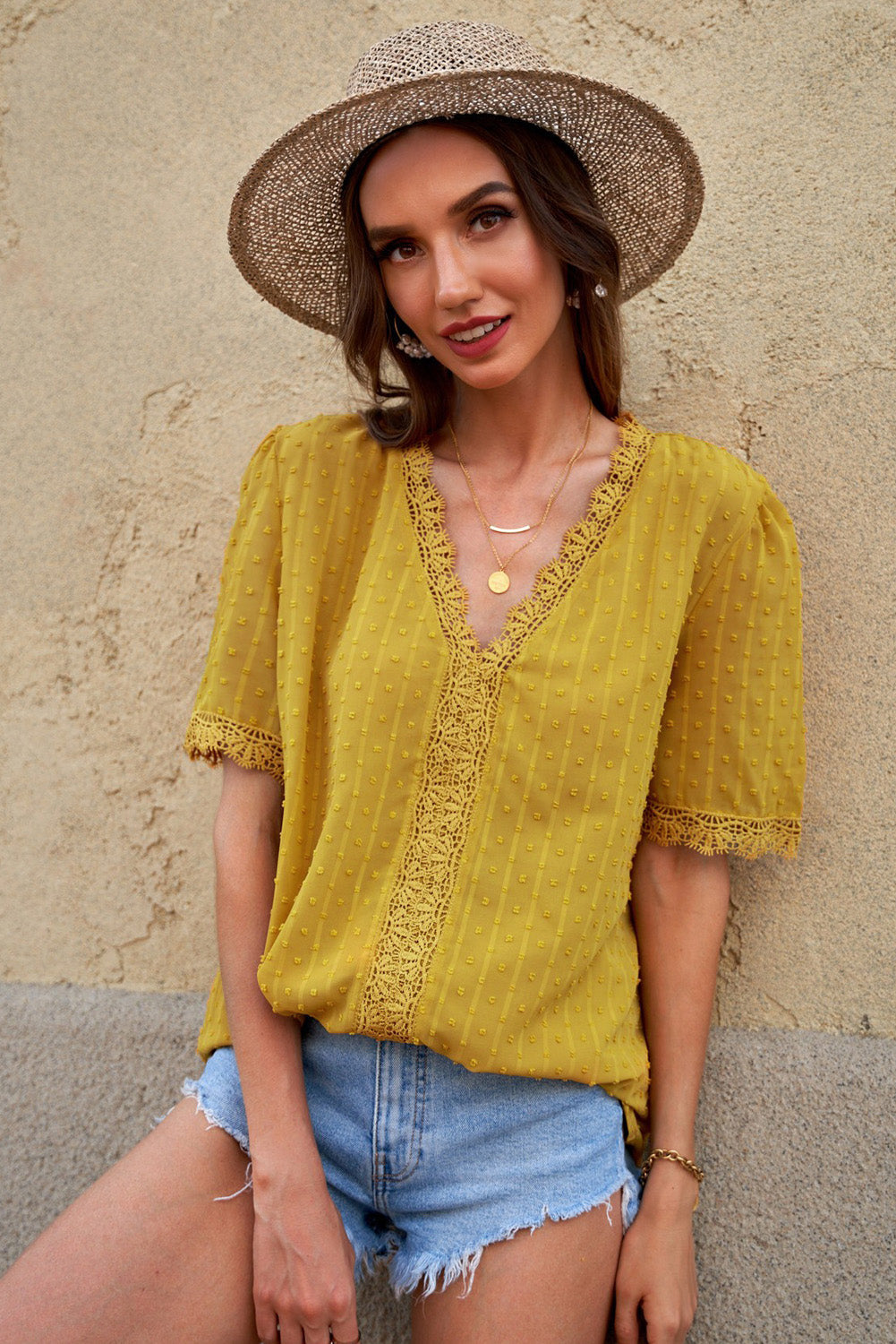 Women's Blouse Featuring Swiss Dot Short-Sleeve Chic Yellow Lace-Trimmed Splicing V Neck