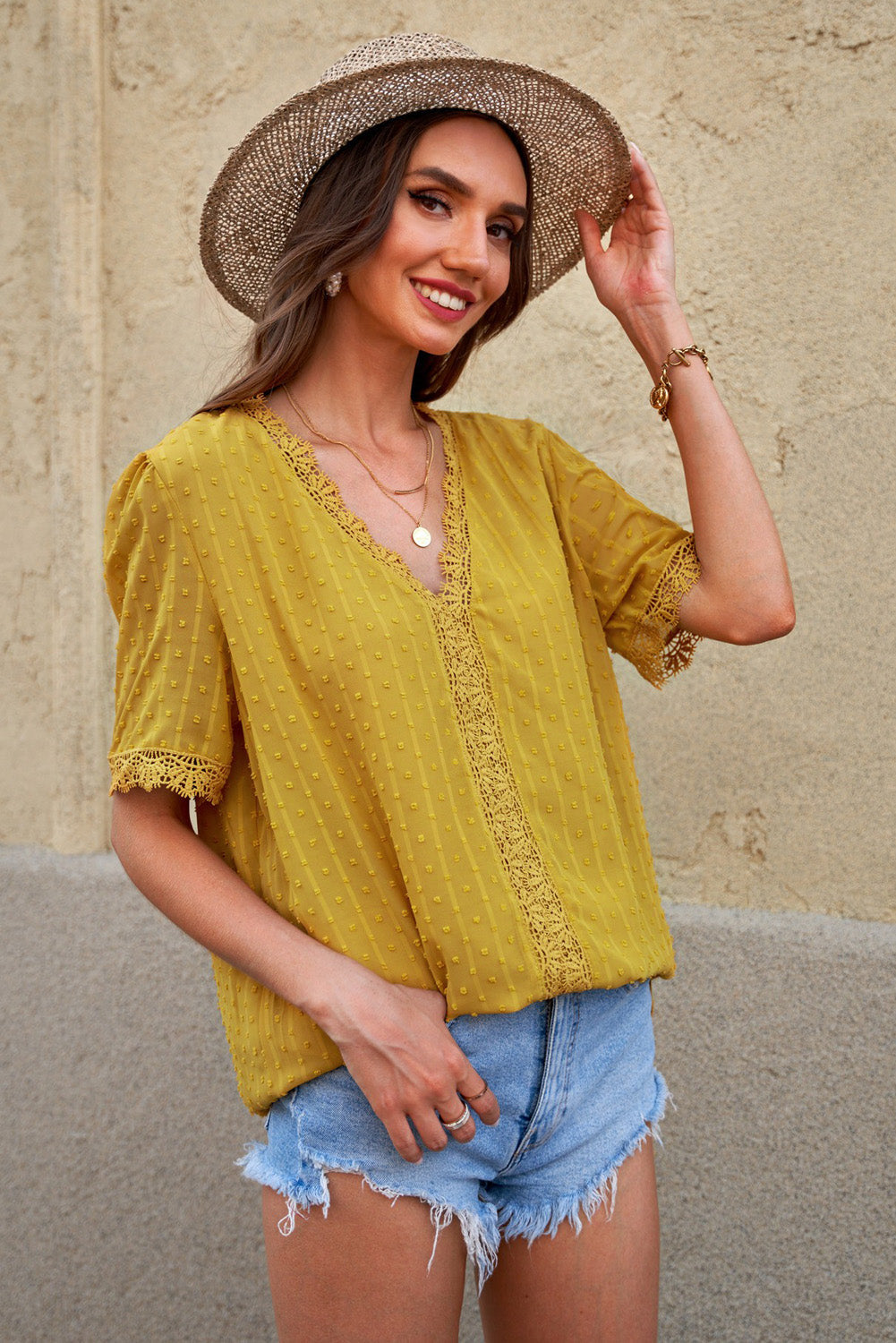 Women's Blouse Featuring Swiss Dot Short-Sleeve Chic Yellow Lace-Trimmed Splicing V Neck