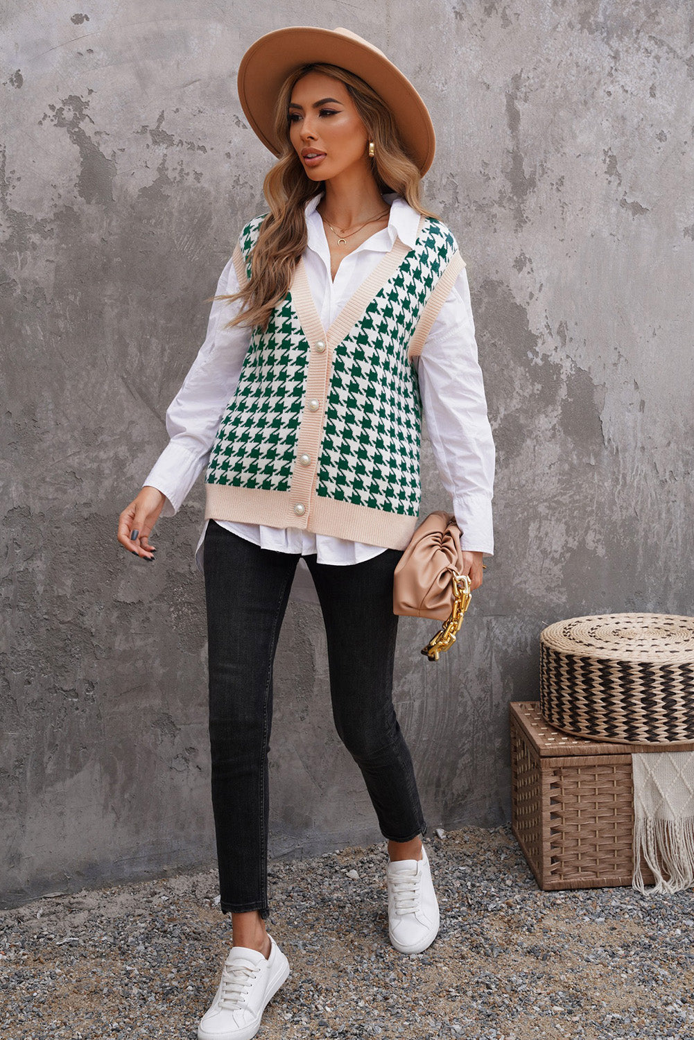 Women's Houndstooth Vest Cardigan