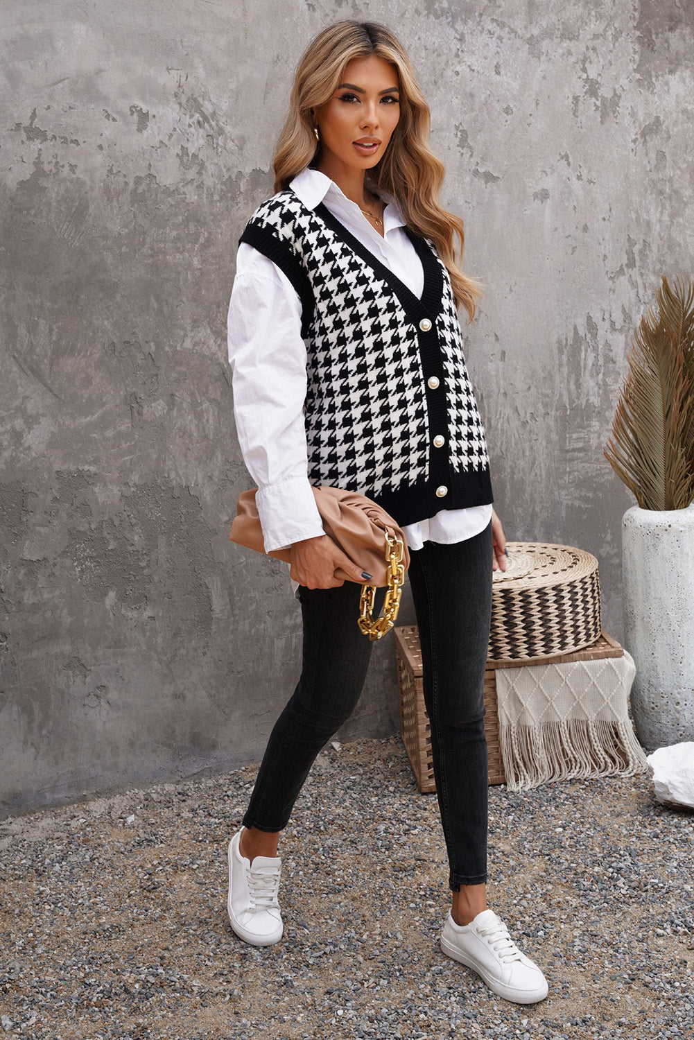 Women's Houndstooth Vest Cardigan