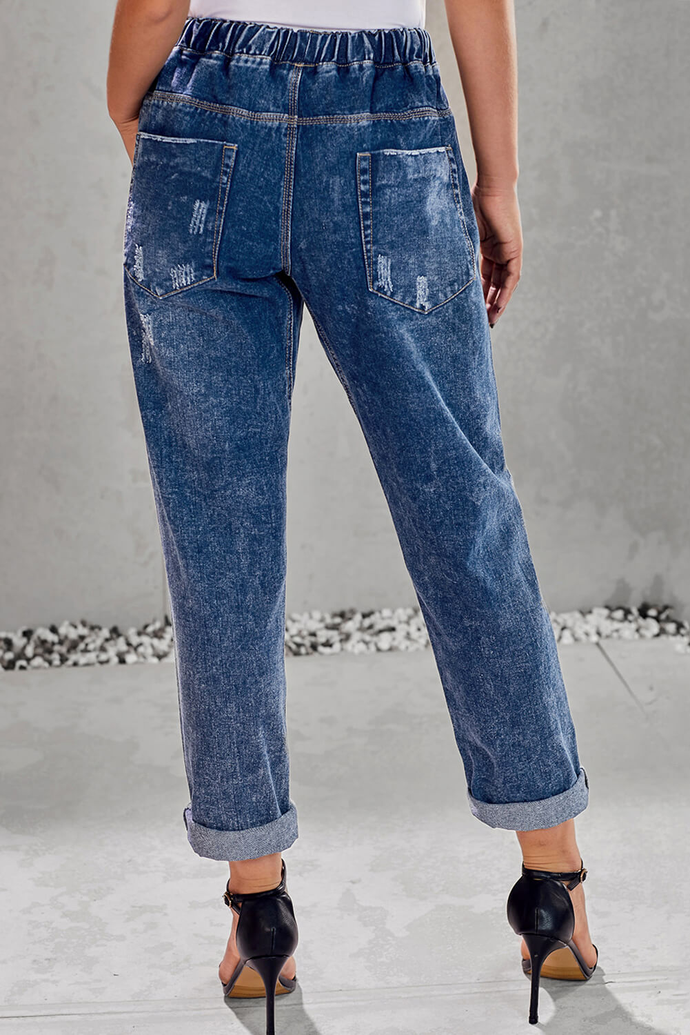 Women's Jean Dark Blue Gather Round Distressed Hole Pocket-Detail Jogger