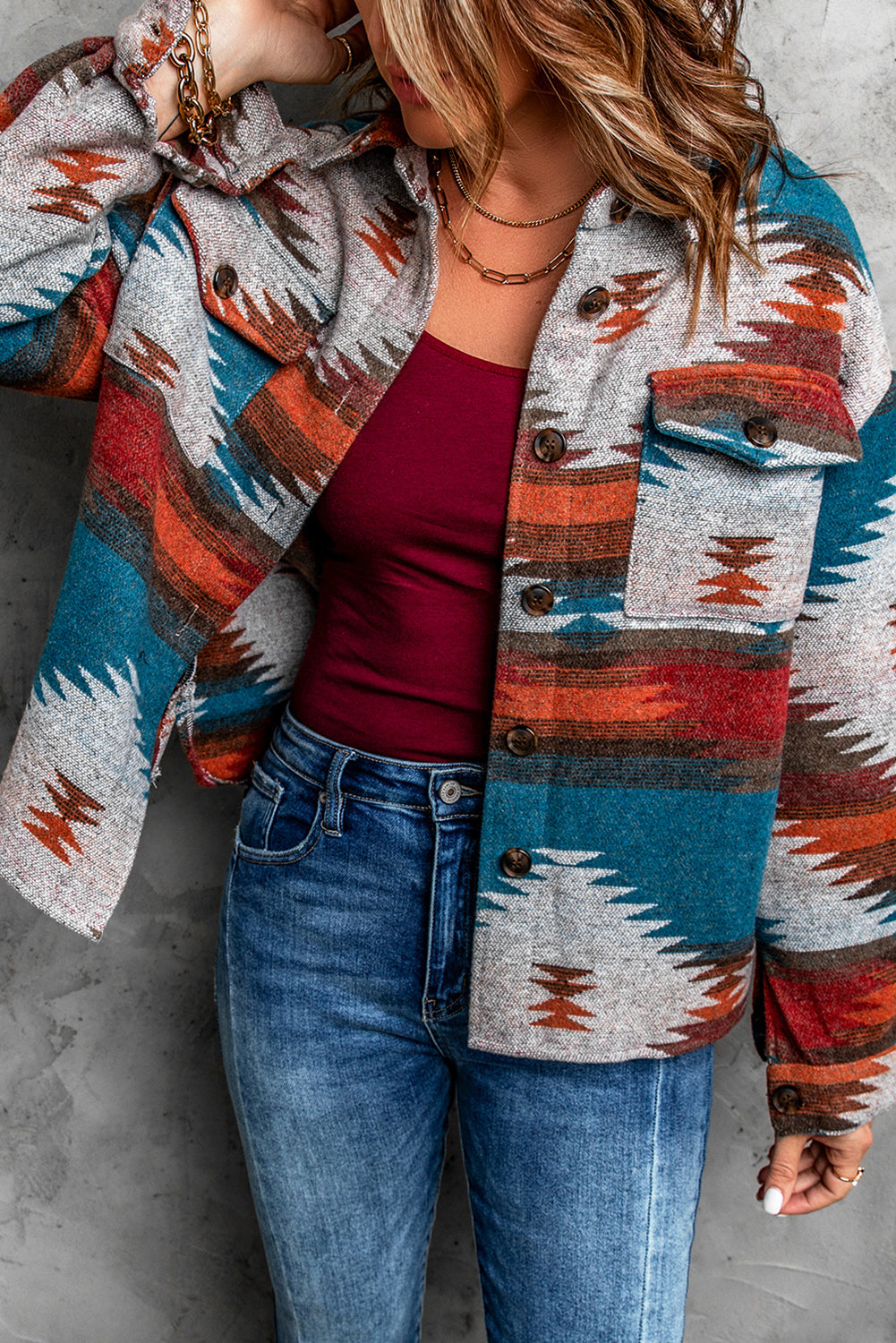 Women's Shirt Jacket Featuring Distressed Aztec Lapel