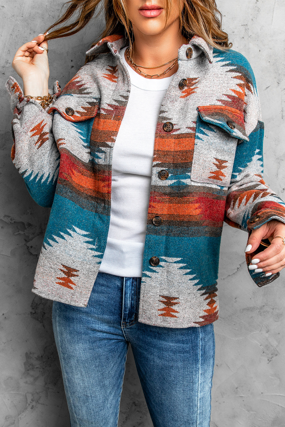 Women's Shirt Jacket Featuring Distressed Aztec Lapel