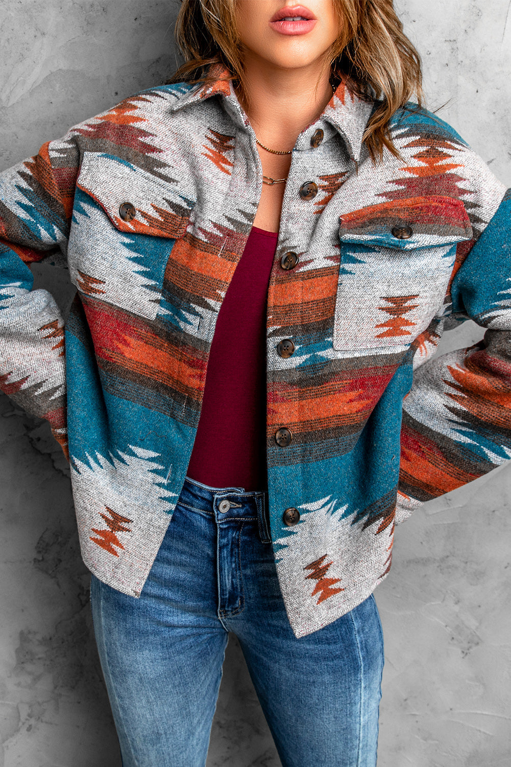 Women's Shirt Jacket Featuring Distressed Aztec Lapel