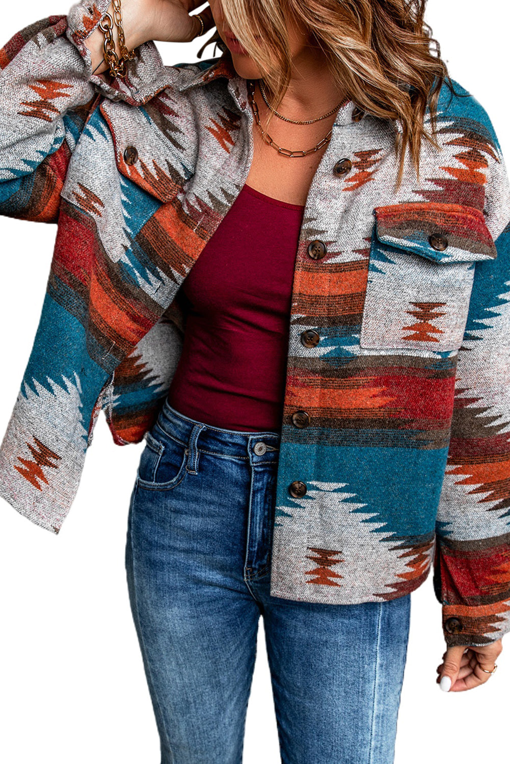 Women's Shirt Jacket Featuring Distressed Aztec Lapel