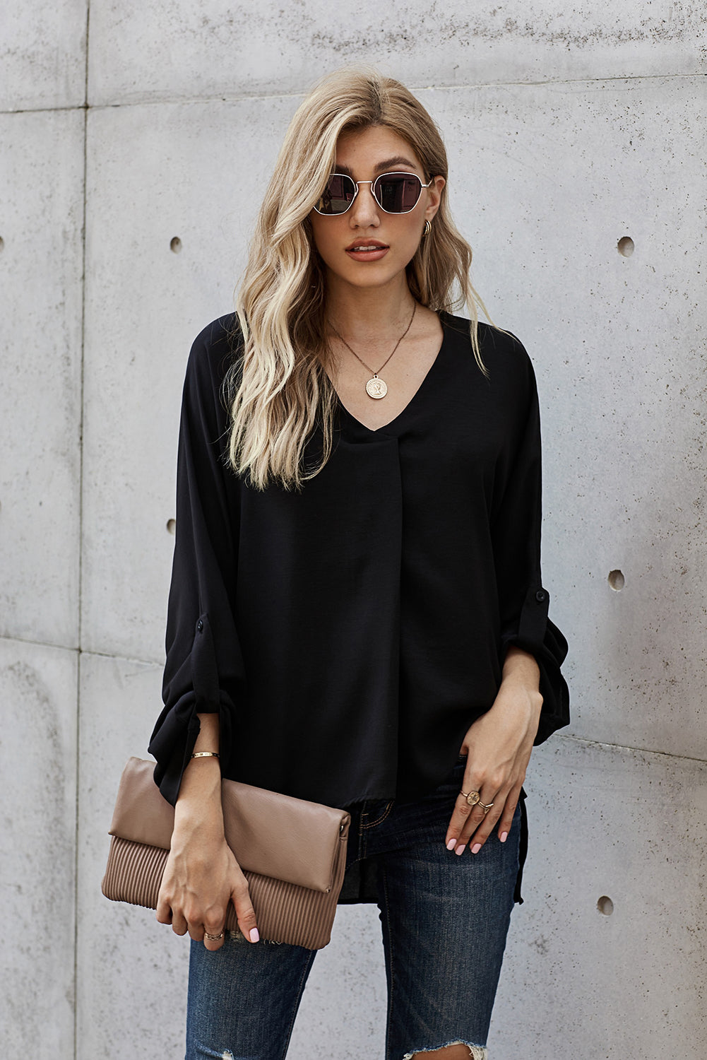 Women's Elegant Black V Neck Three-Quarter Sleeve High Low Hem Shirt