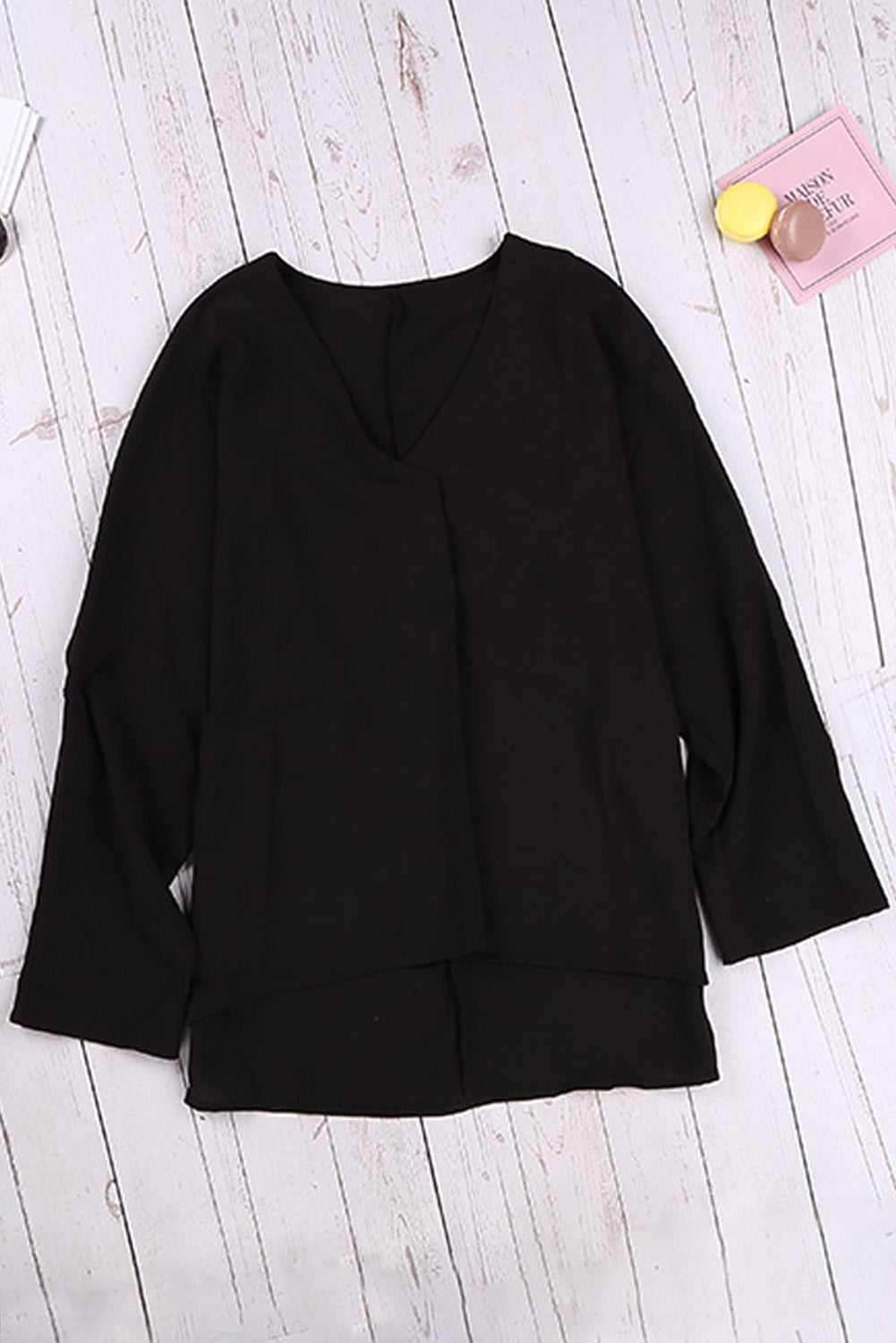 Women's Elegant Black V Neck Three-Quarter Sleeve High Low Hem Shirt