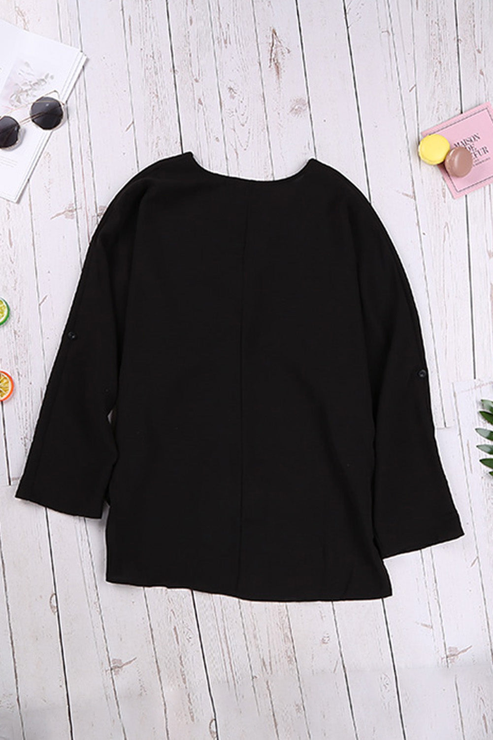 Women's Elegant Black V Neck Three-Quarter Sleeve High Low Hem Shirt