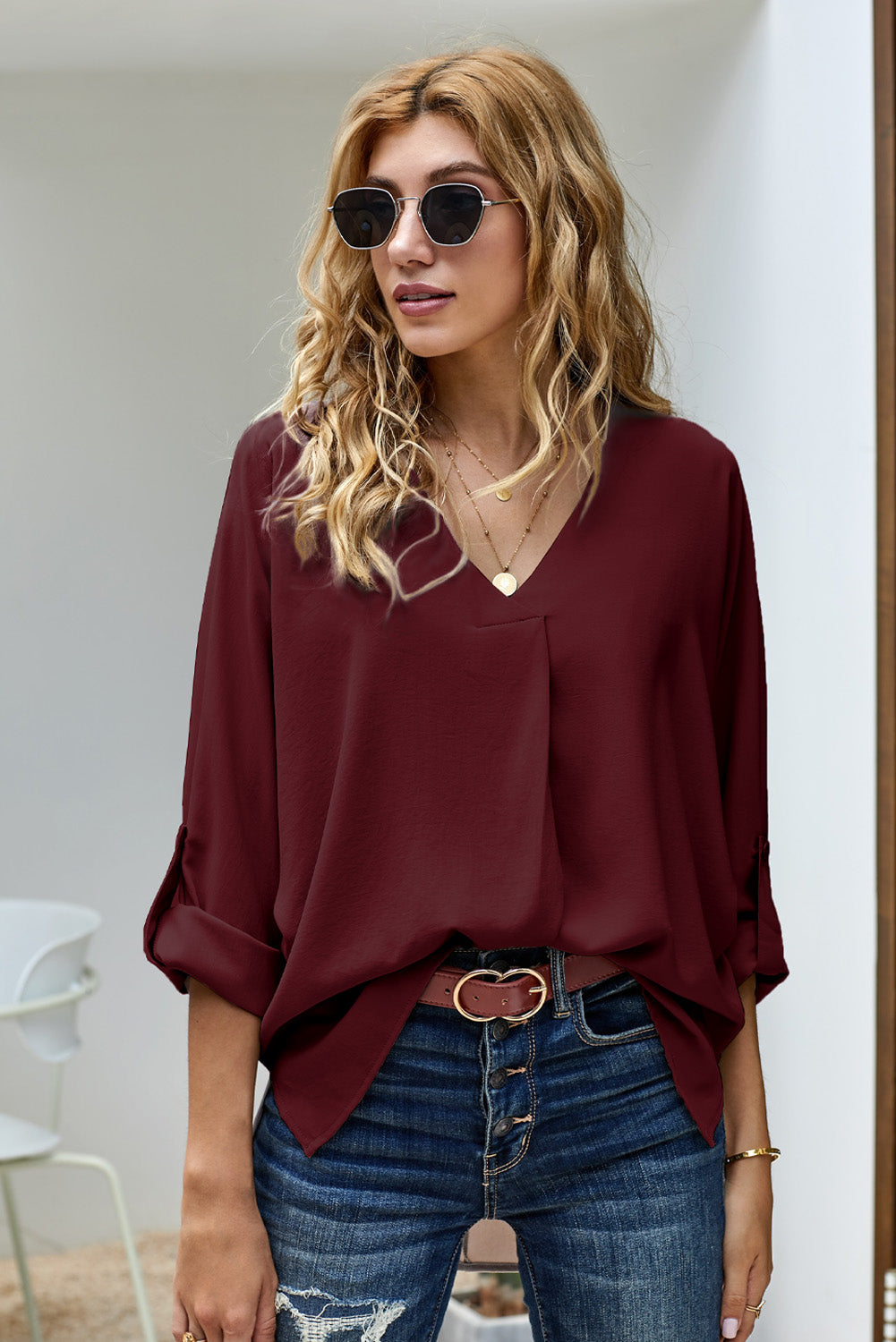 Women's Blouse Featuring High Low Hem Elegant Wine V Neck Three-Quarter Sleeve
