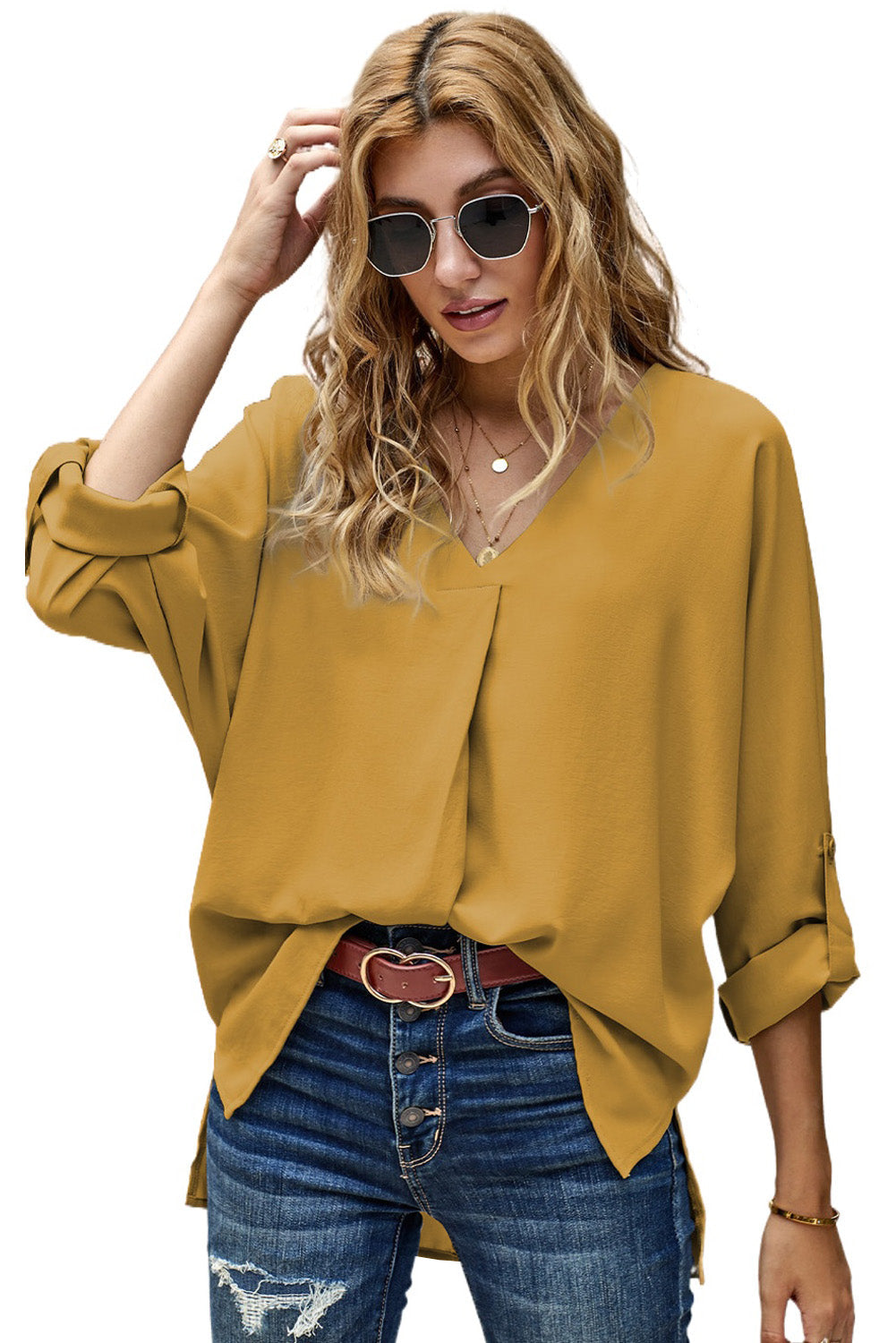 Women's Three-Quarter Sleeve High Low Hem Elegant Yellow V Neck Blouse