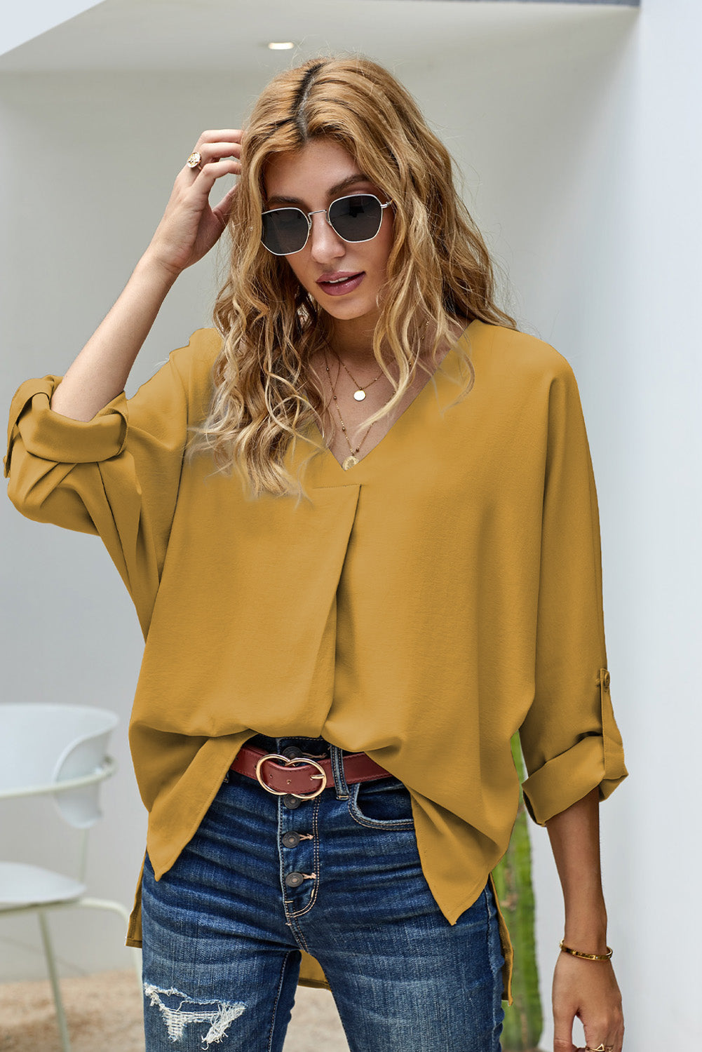 Women's Three-Quarter Sleeve High Low Hem Elegant Yellow V Neck Blouse