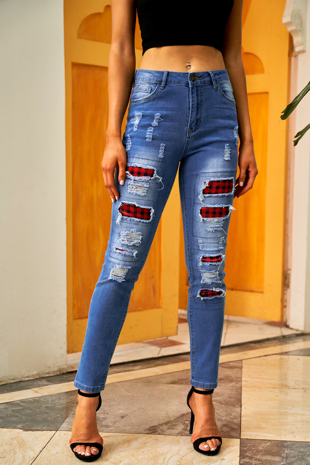 Women's Jeans Featuring Boyfriend Fashion Blue Ripped Plaid Straight Legs