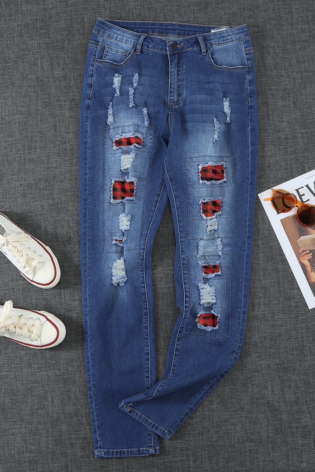 Women's Jeans Featuring Boyfriend Fashion Blue Ripped Plaid Straight Legs