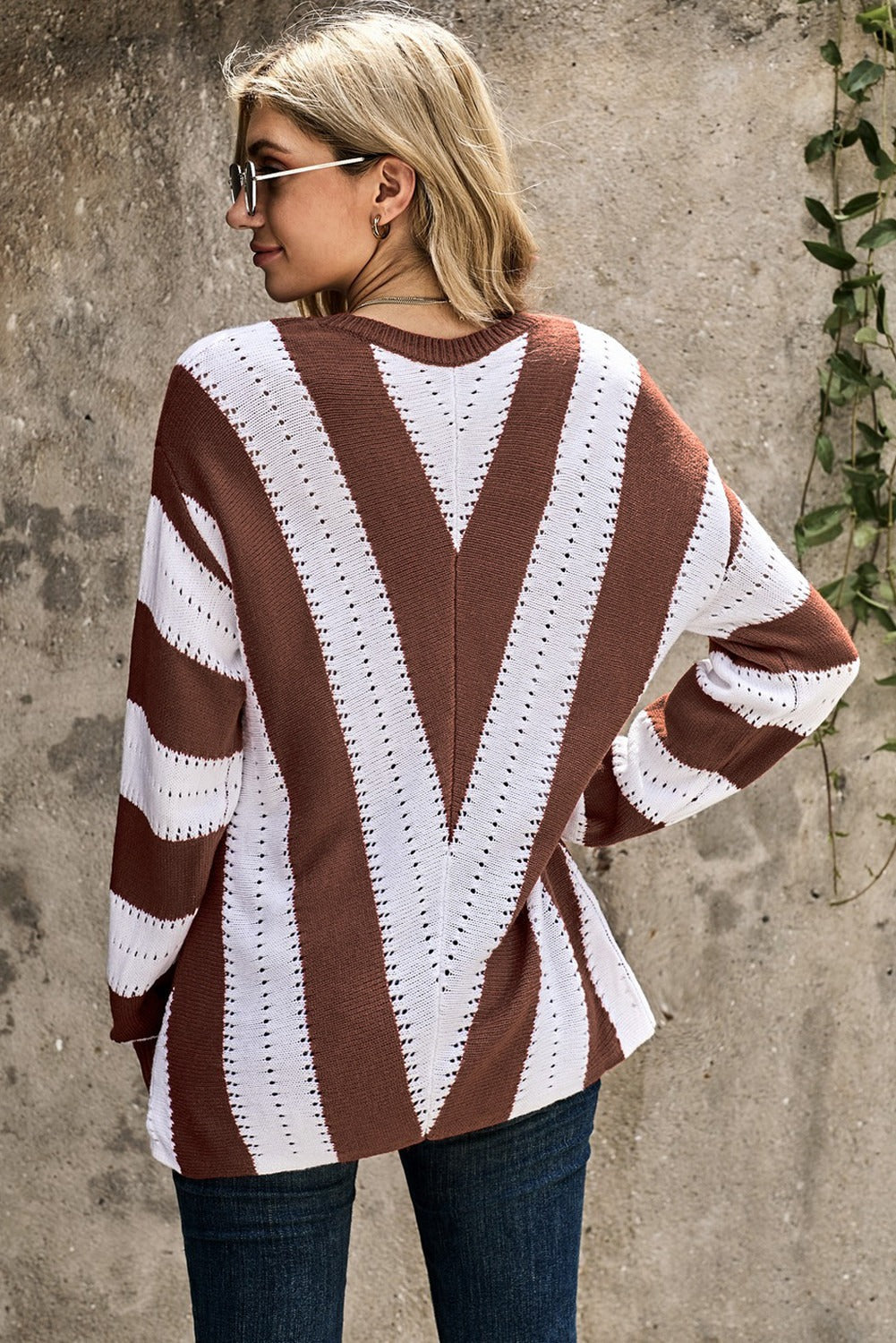 Sweater for Women Knitted Fashion Brown Striped Color-Block V Neck