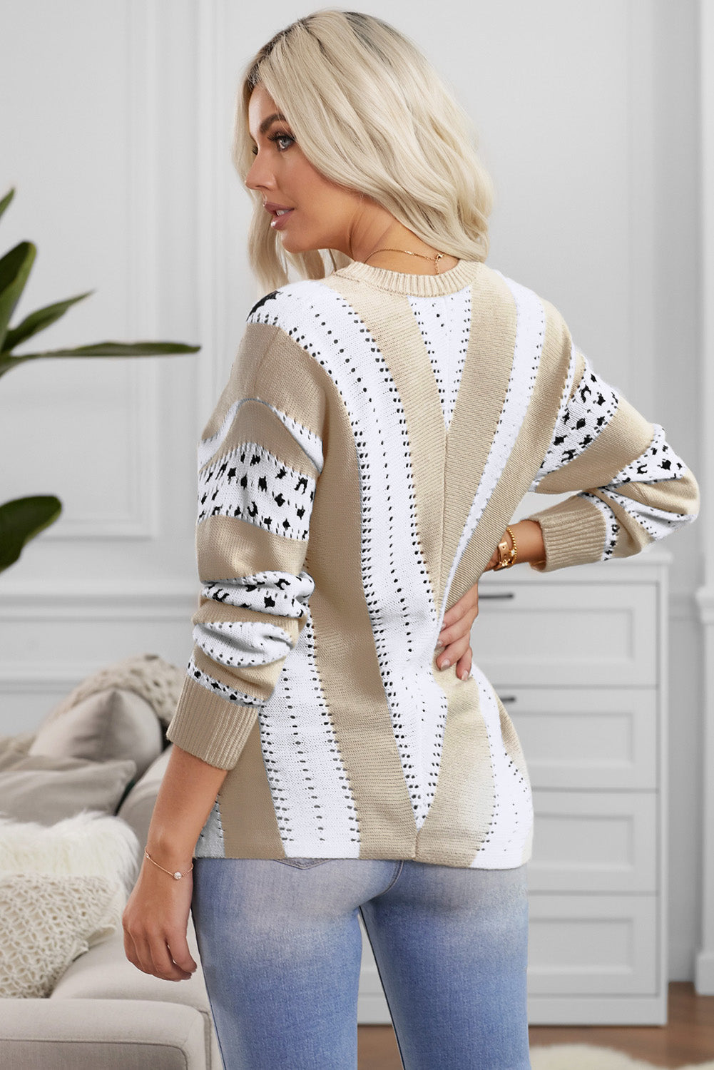 Sweater for Women Fashion Khaki Animal Print Accent V Neck