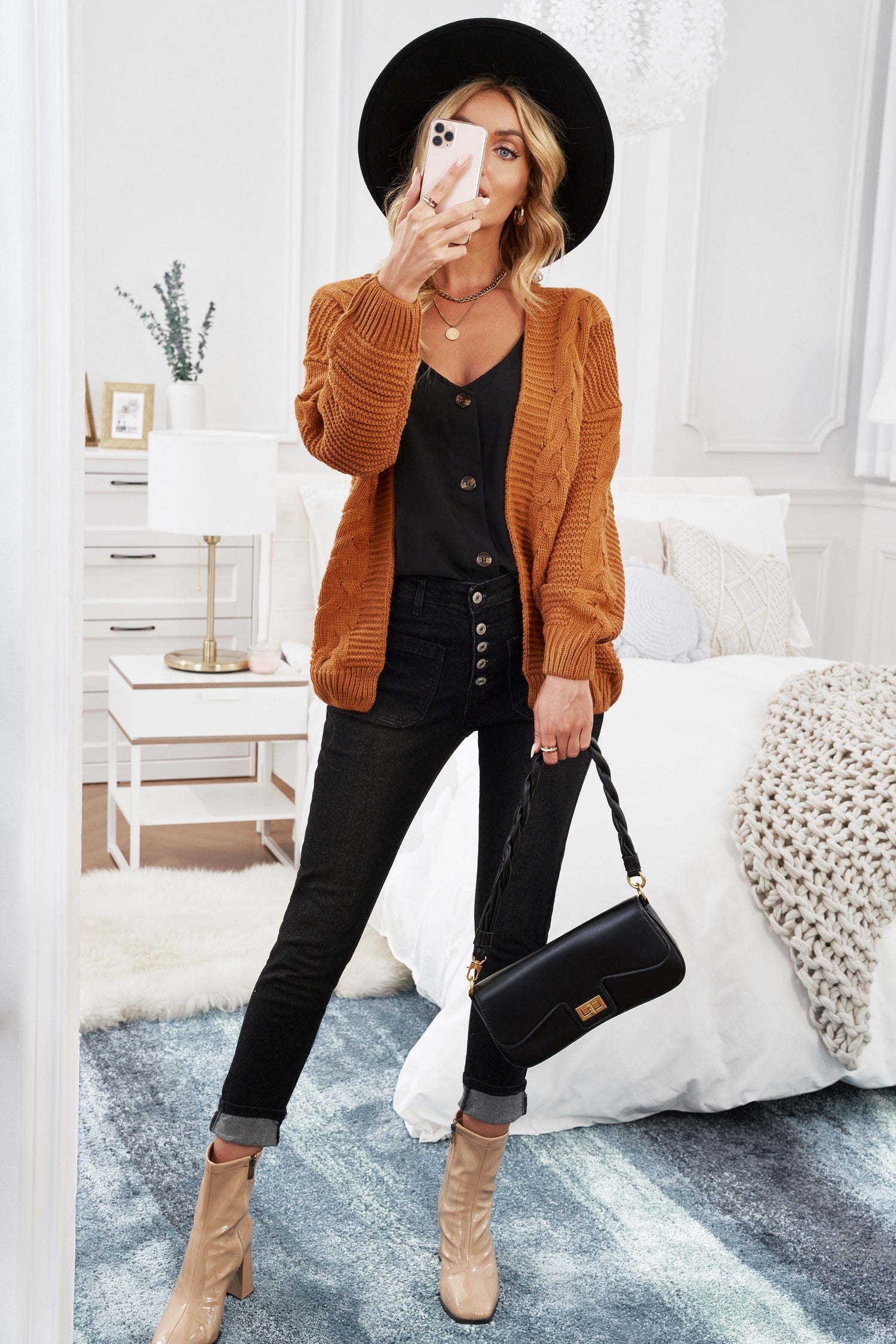 Women's Knit Cardigan with Fashion Khkai Chunky Wide Long-Sleeve