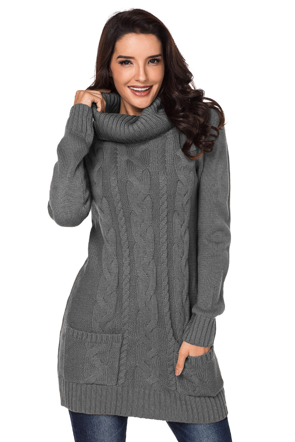 Women's Dress with Cable Knitted Sweater Gray Cowl Neck Pockets