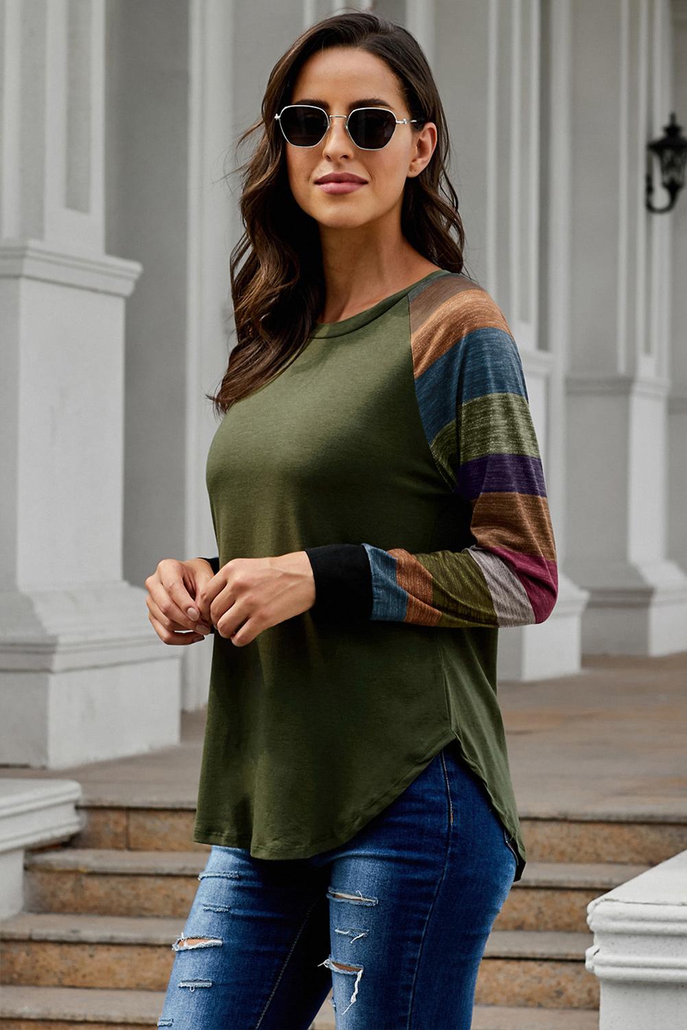 Women's Top with Pullover Green Color-Block Long Sleeves
