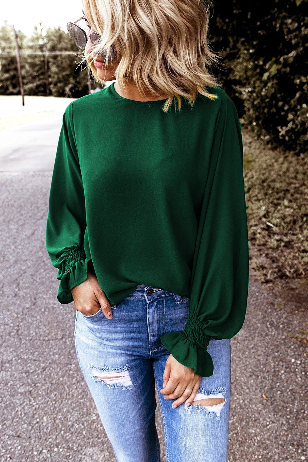 Women's Top with Crew Neck Ruffle-Trimmed Blouse