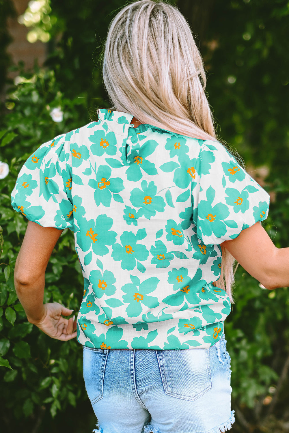 Women's Balloon Sleeve Frill-Trimmed Neckline Green Floral-Print Blouse