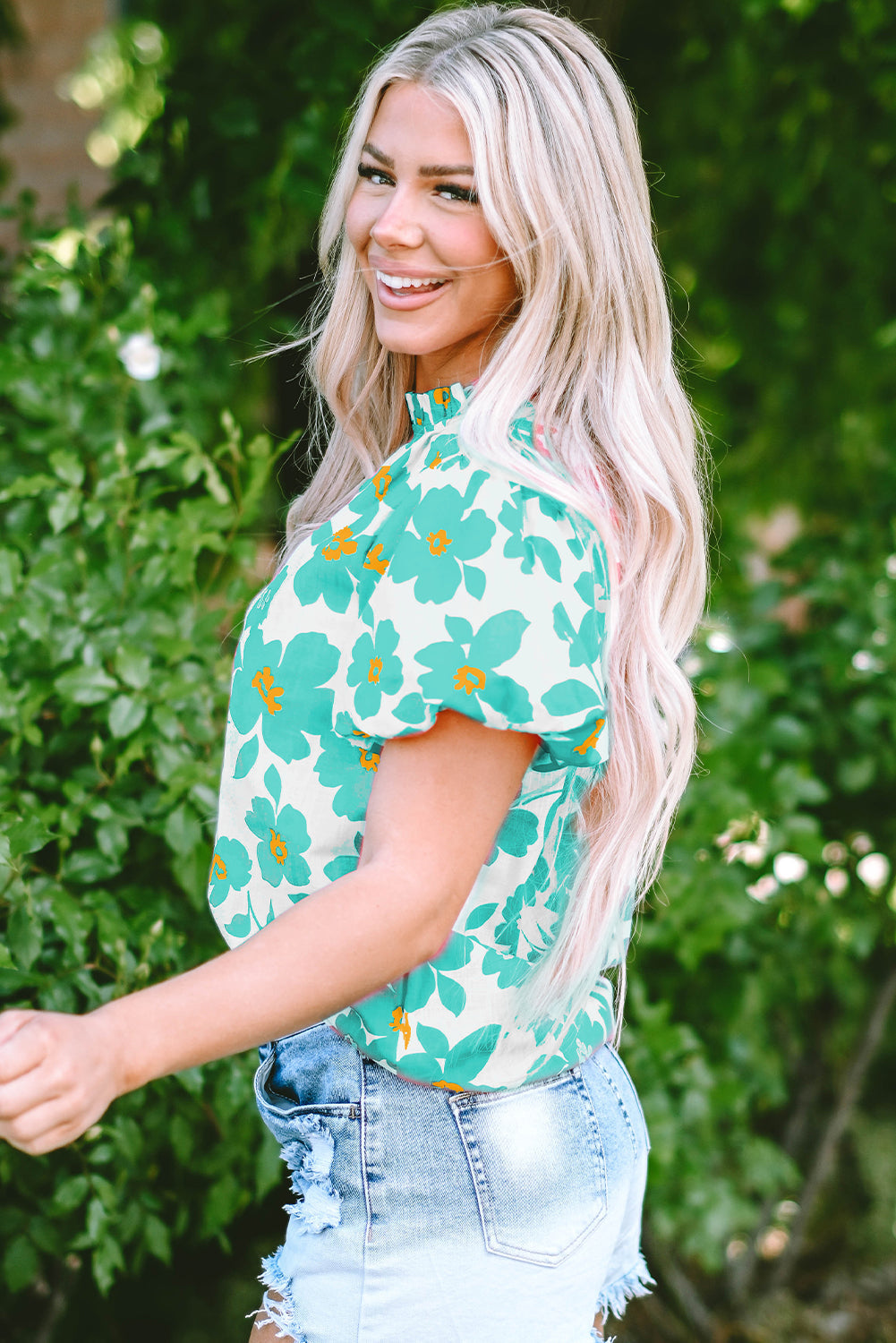 Women's Balloon Sleeve Frill-Trimmed Neckline Green Floral-Print Blouse