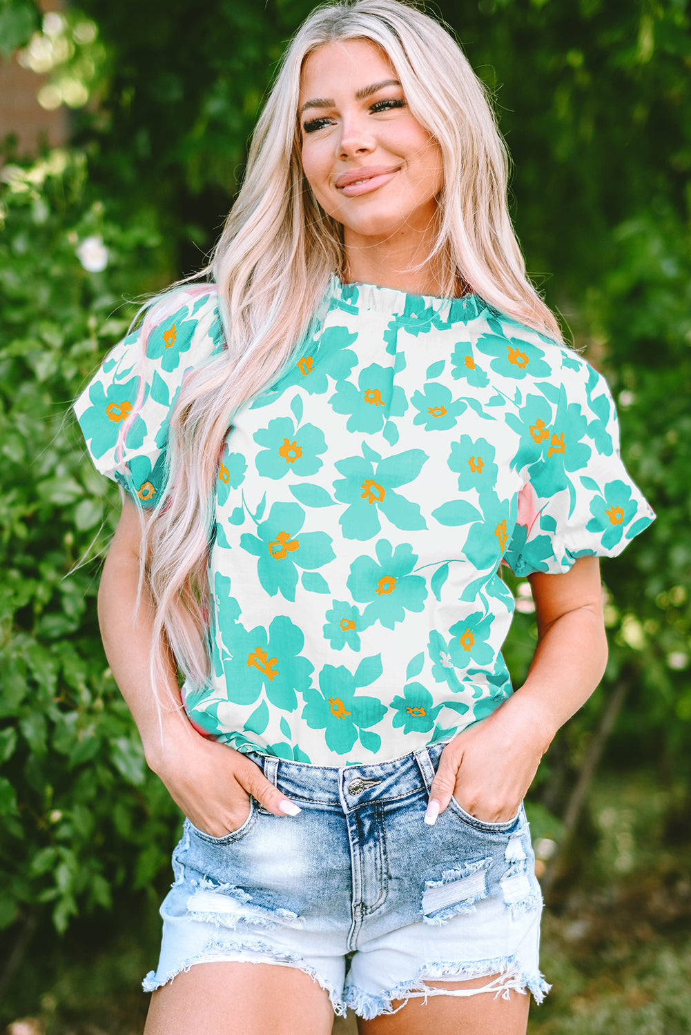 Women's Balloon Sleeve Frill-Trimmed Neckline Green Floral-Print Blouse