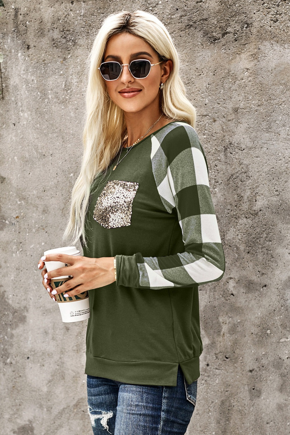 Women's Top Featuring Splicing Sequined Pocket Long-Sleeve Green Plaid