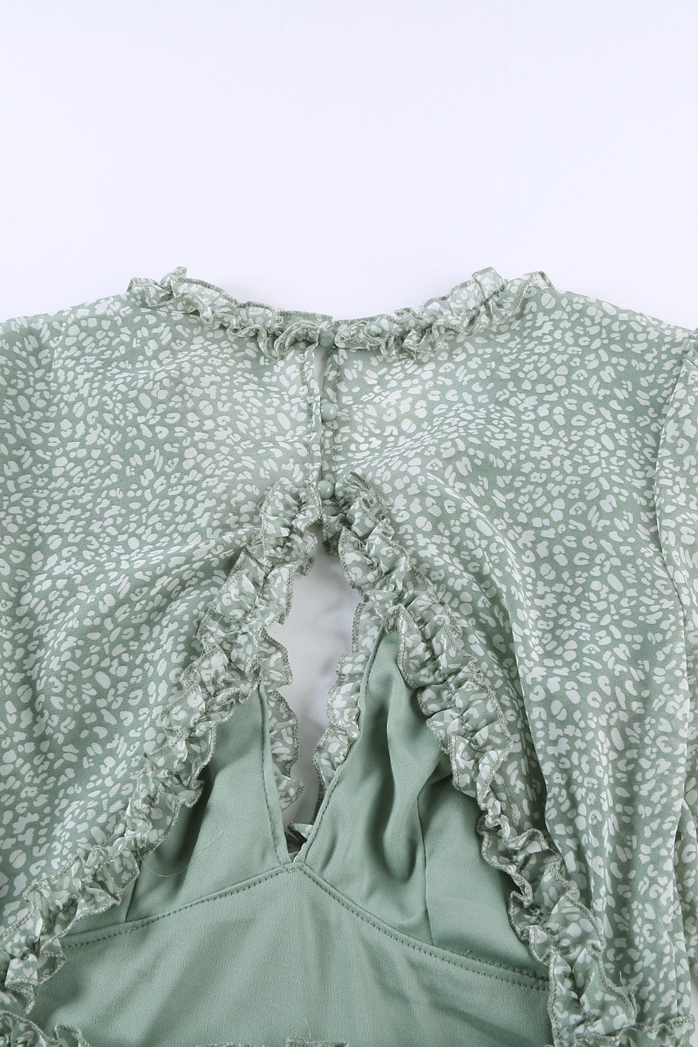 Women's V-neck Open-Back Floral-Print Green Ruffle-Trimmed Detailing Dress