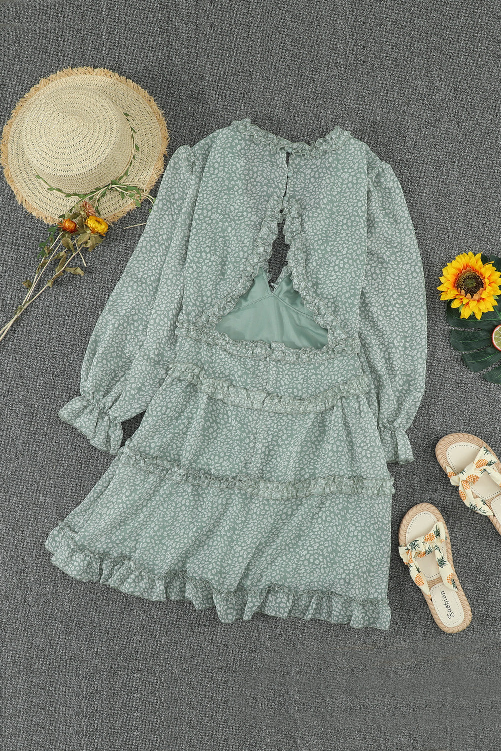 Women's V-neck Open-Back Floral-Print Green Ruffle-Trimmed Detailing Dress