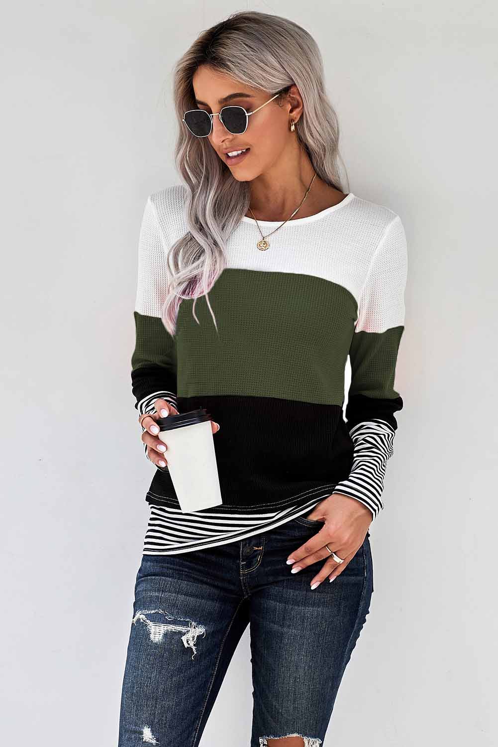 Women's Top Featuring Green Stylish Color-Block Splicing Stripes Long-Sleeve