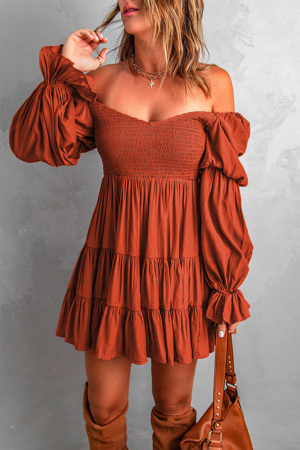 Women's Mini Dress Featuring Ruffle-Trimmed Brown Bohemian