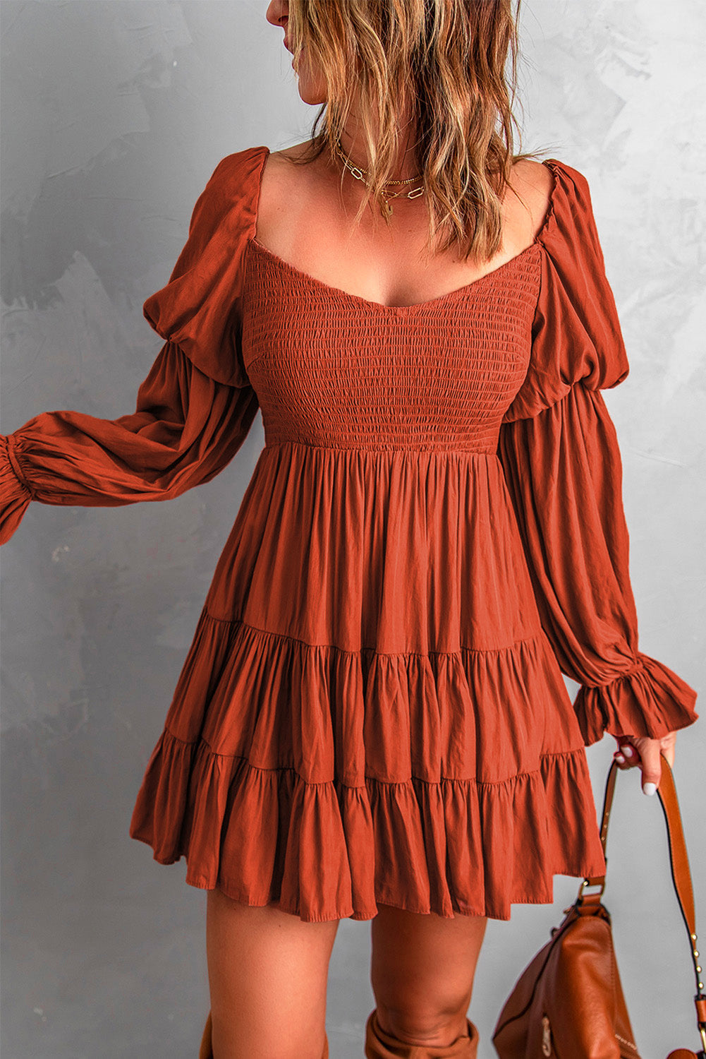 Women's Mini Dress Featuring Ruffle-Trimmed Brown Bohemian